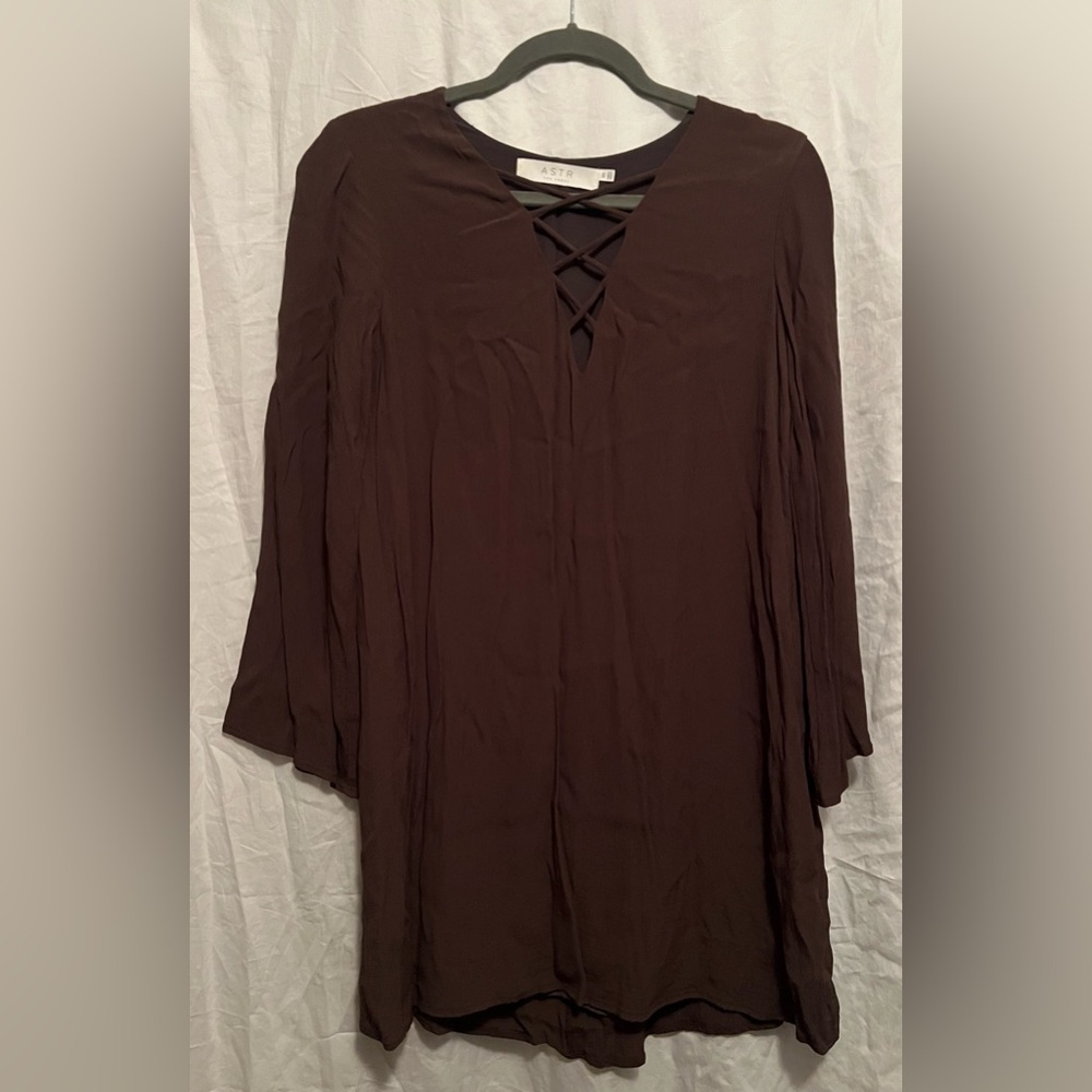 Brown Long Sleeve Dress with Crisscross Detail